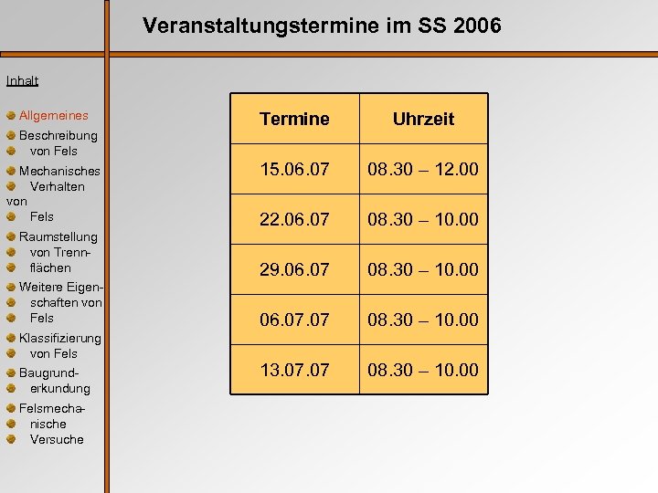 Veranstaltungstermine im SS 2006 Inhalt Allgemeines Termine Uhrzeit 15. 06. 07 08. 30 –