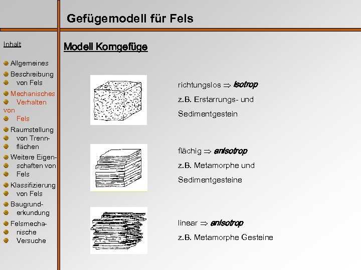 Gefügemodell für Fels Inhalt Modell Korngefüge Allgemeines Beschreibung von Fels Mechanisches Verhalten von Fels