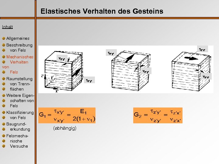 Elastisches Verhalten des Gesteins Inhalt Allgemeines Beschreibung von Fels Mechanisches Verhalten von Fels x‘