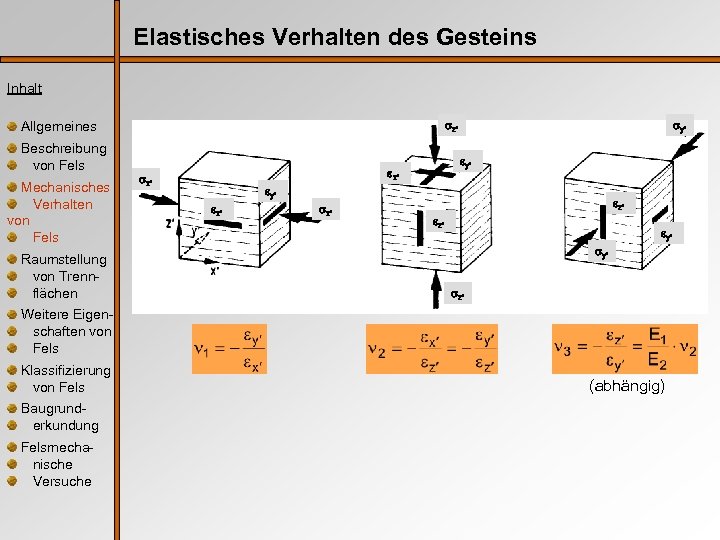 Elastisches Verhalten des Gesteins Inhalt z‘ Allgemeines Beschreibung von Fels Mechanisches Verhalten von Fels