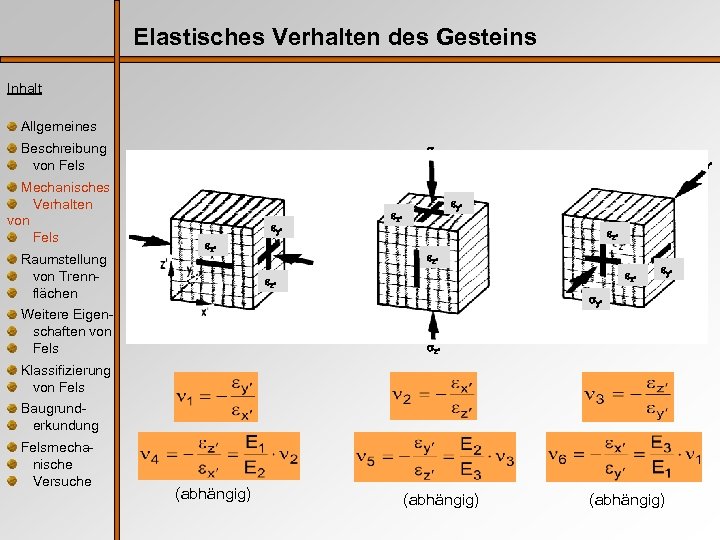 Elastisches Verhalten des Gesteins Inhalt Allgemeines Beschreibung von Fels Mechanisches Verhalten von Fels Raumstellung