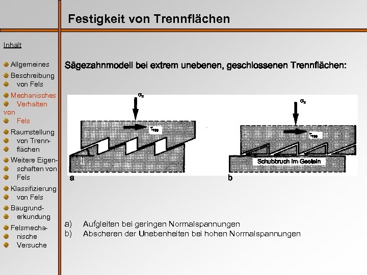 Festigkeit von Trennflächen Inhalt Allgemeines Sägezahnmodell bei extrem unebenen, geschlossenen Trennflächen: Beschreibung von Fels