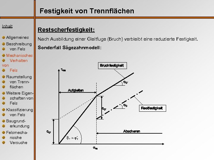 Festigkeit von Trennflächen Inhalt Restscherfestigkeit: Allgemeines Nach Ausbildung einer Gleitfuge (Bruch) verbleibt eine reduzierte