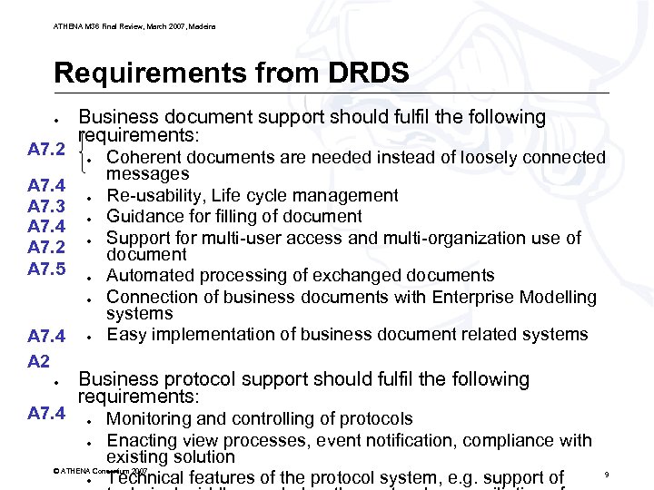 ATHENA M 36 Final Review, March 2007, Madeira Requirements from DRDS ● A 7.