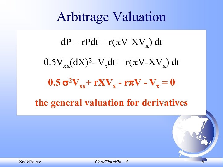 Arbitrage Valuation d. P = r. Pdt = r( V-XVx) dt 0. 5 Vxx(d.