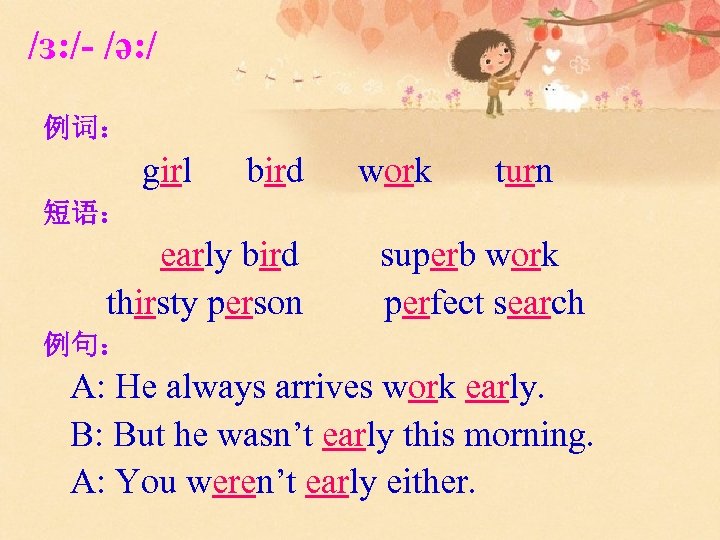 /ɜ: /- /ǝ: / 例词： girl bird work turn 短语： early bird thirsty person