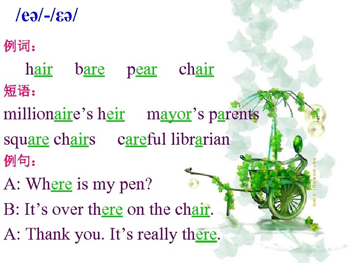 /eǝ/-/εǝ/ 例词： hair bare pear chair 短语： millionaire’s heir mayor’s parents square chairs careful