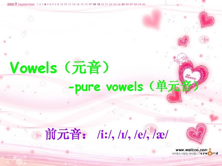 Vowels（元音） -pure vowels（单元音） 前元音： /i: /, /ɪ/, /e/, /æ/ 