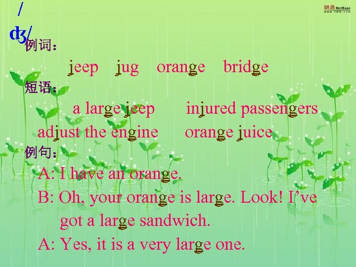 / ʤ/ 例词： jeep jug orange bridge 短语： a large jeep adjust the engine