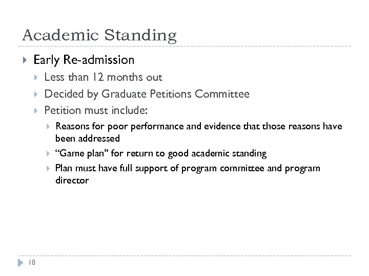 Academic Standing Early Re-admission Less than 12 months out Decided by Graduate Petitions Committee