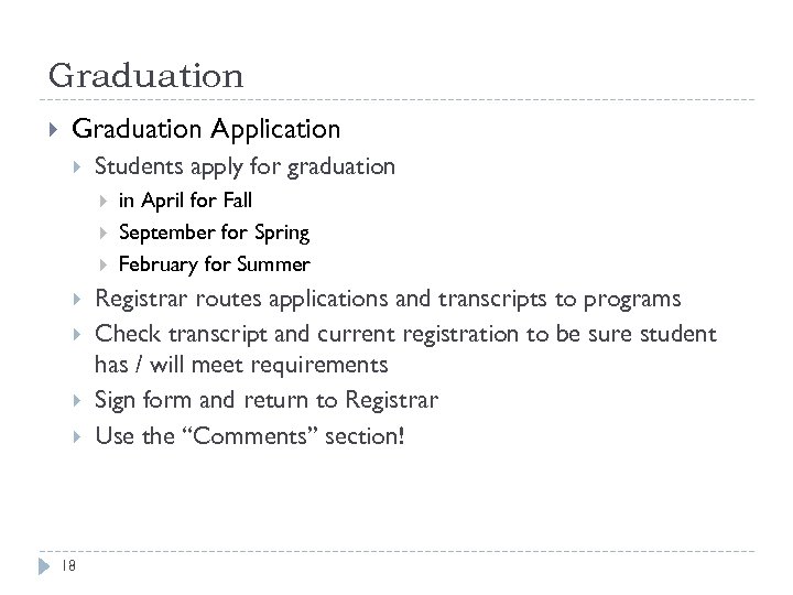 Graduation Application Students apply for graduation 18 in April for Fall September for Spring