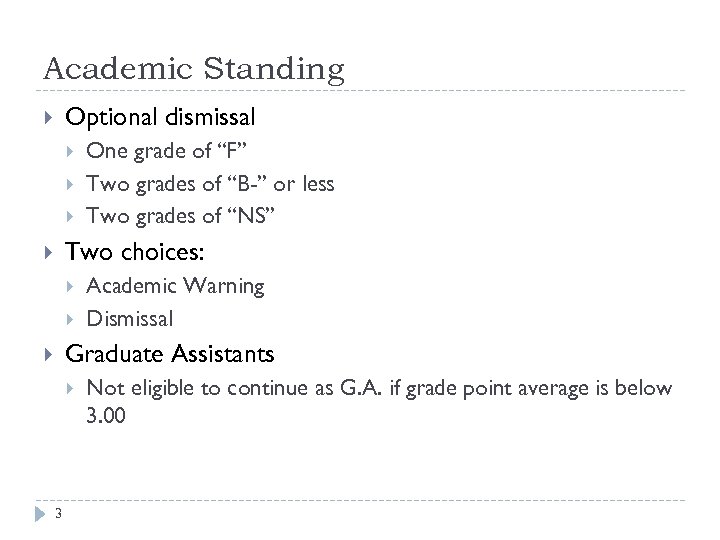 Academic Standing Optional dismissal One grade of “F” Two grades of “B-” or less