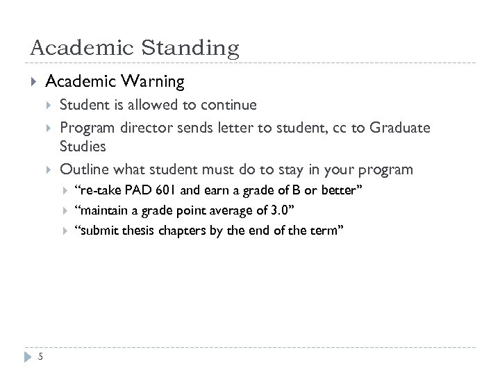 Academic Standing Academic Warning Student is allowed to continue Program director sends letter to