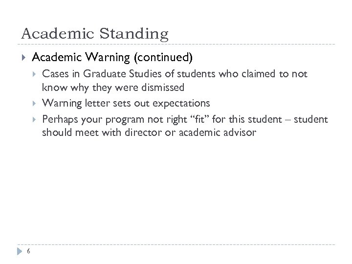 Academic Standing Academic Warning (continued) 6 Cases in Graduate Studies of students who claimed