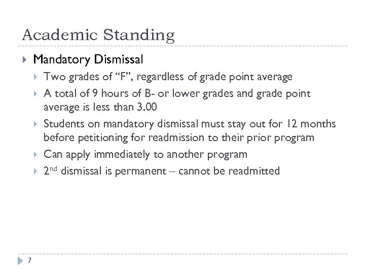 Academic Standing Mandatory Dismissal 7 Two grades of “F”, regardless of grade point average