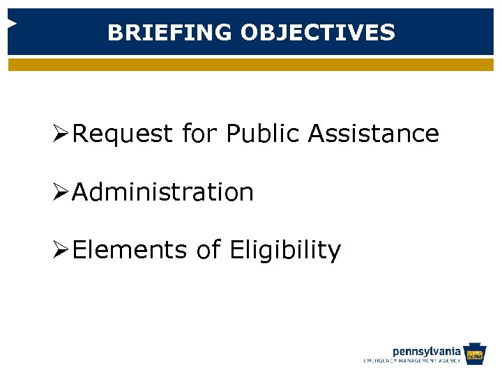 BRIEFING OBJECTIVES ØRequest for Public Assistance ØAdministration ØElements of Eligibility 