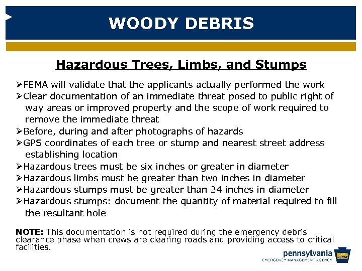 WOODY DEBRIS Hazardous Trees, Limbs, and Stumps ØFEMA will validate that the applicants actually