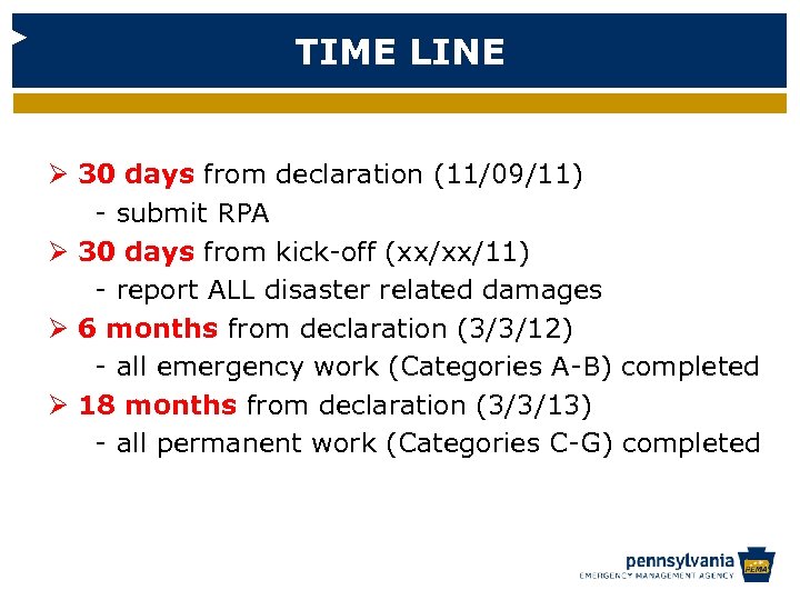 TIME LINE Ø 30 days from declaration (11/09/11) - submit RPA Ø 30 days