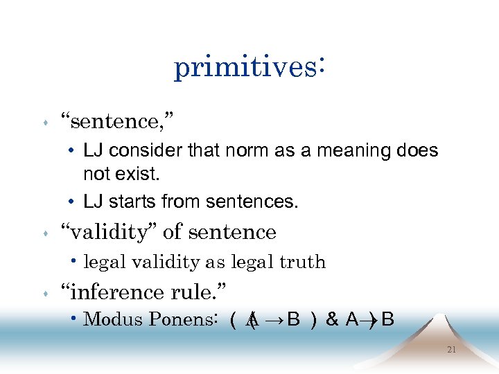 primitives: s “sentence, ” • LJ consider that norm as a meaning does not