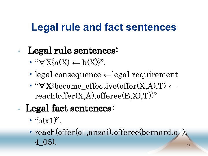 Legal rule and fact sentences s Legal rule sentences: • “∀X{a(X) ← b(X)}”. •