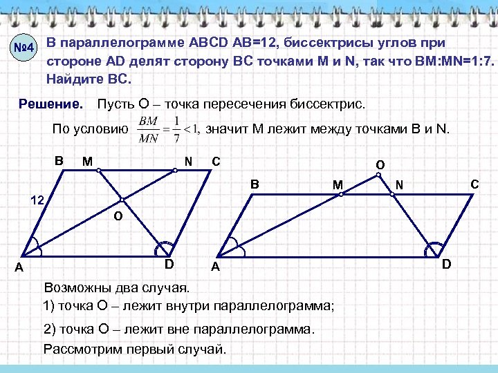 № 4 В параллелограмме ABCD AB=12, биссектрисы углов при стороне AD делят сторону ВС