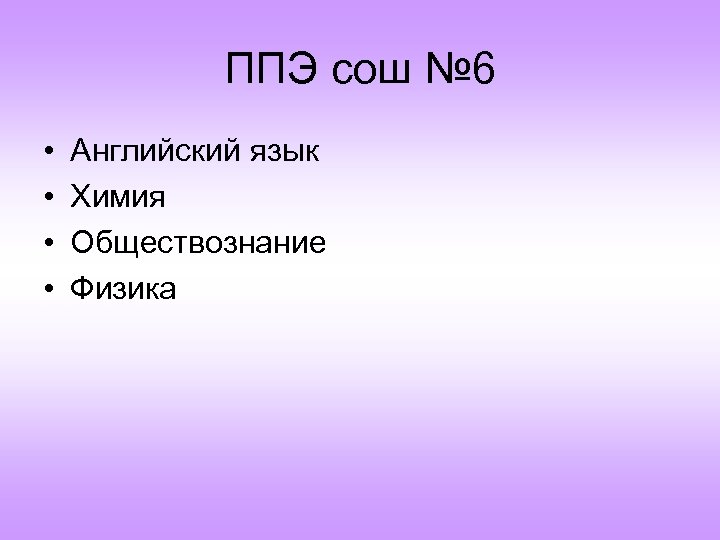 ППЭ сош № 6 • • Английский язык Химия Обществознание Физика 