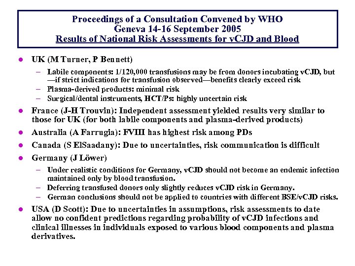 Proceedings of a Consultation Convened by WHO Geneva 14 -16 September 2005 Results of