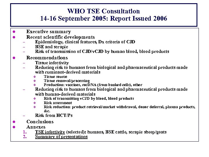 WHO TSE Consultation 14 -16 September 2005: Report Issued 2006 Executive summary Recent scientific