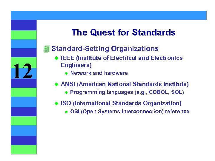 The Quest for Standards 4 Standard-Setting Organizations 12 u IEEE (Institute of Electrical and