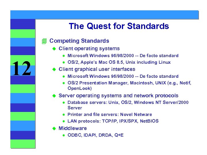 The Quest for Standards 4 Competing Standards u 12 Client operating systems l l