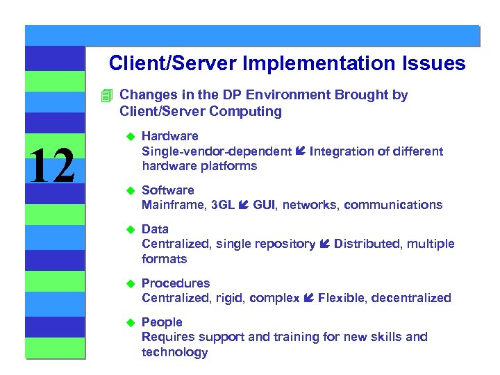 Client/Server Implementation Issues 4 Changes in the DP Environment Brought by Client/Server Computing 12