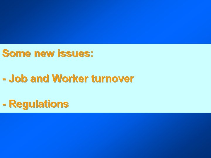 Some new issues: - Job and Worker turnover - Regulations 