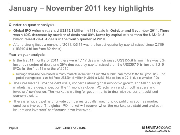 January – November 2011 key highlights Quarter on quarter analysis: ► Global IPO volume
