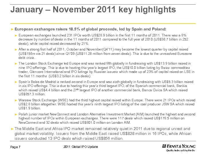 January – November 2011 key highlights ► European exchanges raises 18. 5% of global