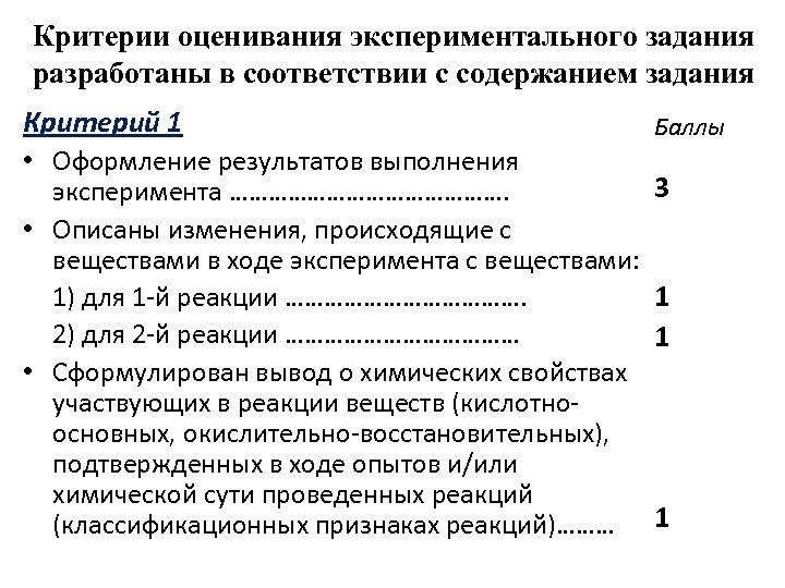 Критерии оценивания экспериментального задания разработаны в соответствии с содержанием задания Критерий 1 • Оформление
