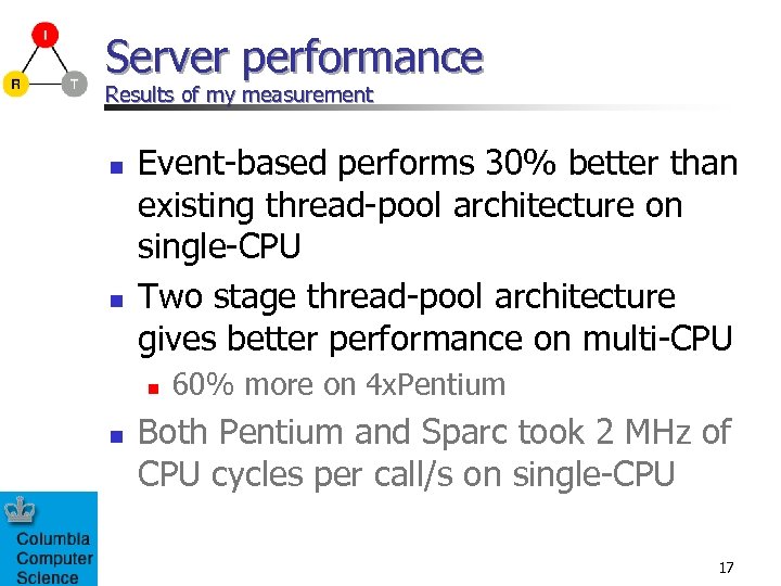 Server performance Results of my measurement n n Event-based performs 30% better than existing