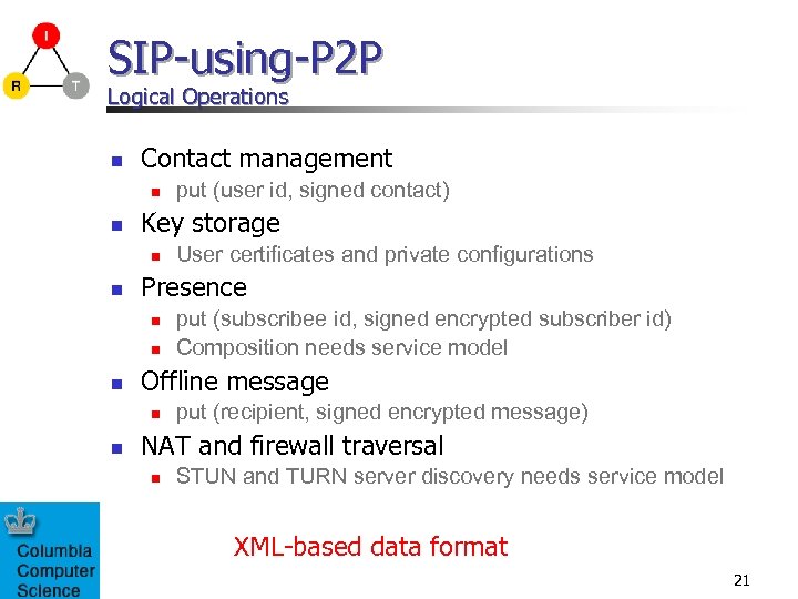 SIP-using-P 2 P Logical Operations n Contact management n n Key storage n n