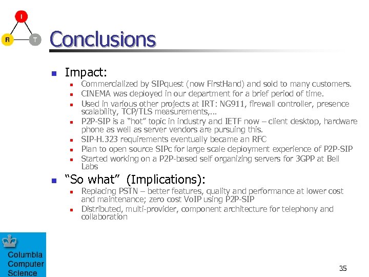Conclusions n Impact: n n n n Commercialized by SIPquest (now First. Hand) and