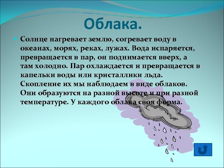 Вода может испаряться. Солнце нагревает землю. Пар охлаждается и превращается в. Превращение водяного пара в капельки воды. Испарение воды лужи.