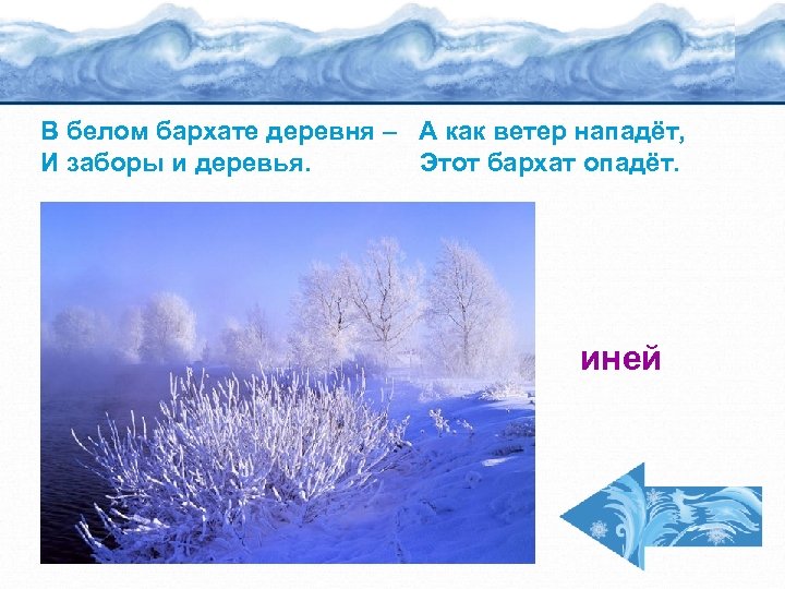 В белом бархате деревня – А как ветер нападёт, И заборы и деревья. Этот