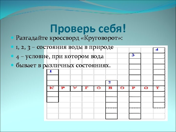 Проверь себя! Разгадайте кроссворд «Круговорот» : 1, 2, 3 – состояния воды в природе