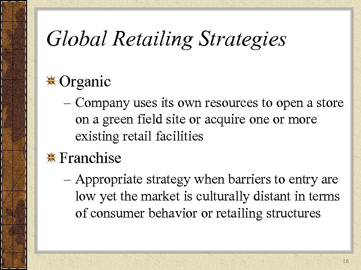 Global Retailing Strategies Organic – Company uses its own resources to open a store
