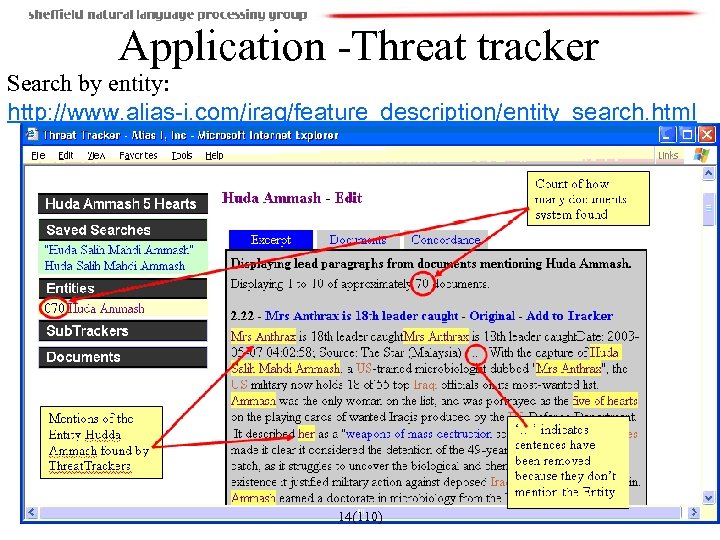 Application -Threat tracker Search by entity: http: //www. alias-i. com/iraq/feature_description/entity_search. html 14(110) 