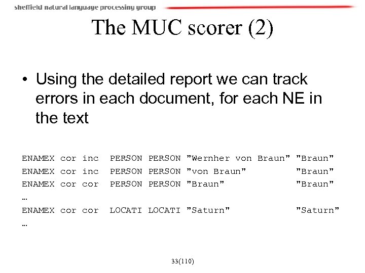 The MUC scorer (2) • Using the detailed report we can track errors in