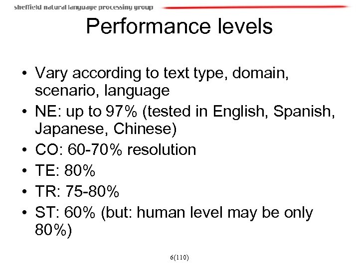 Performance levels • Vary according to text type, domain, scenario, language • NE: up