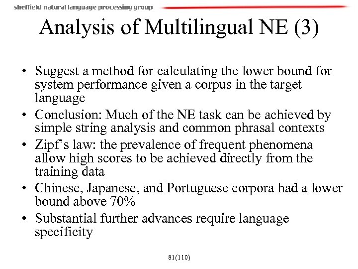 Analysis of Multilingual NE (3) • Suggest a method for calculating the lower bound