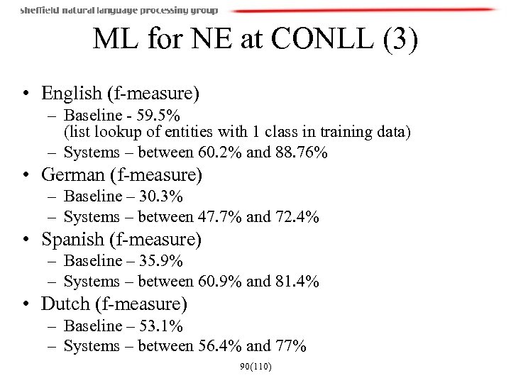ML for NE at CONLL (3) • English (f-measure) – Baseline - 59. 5%