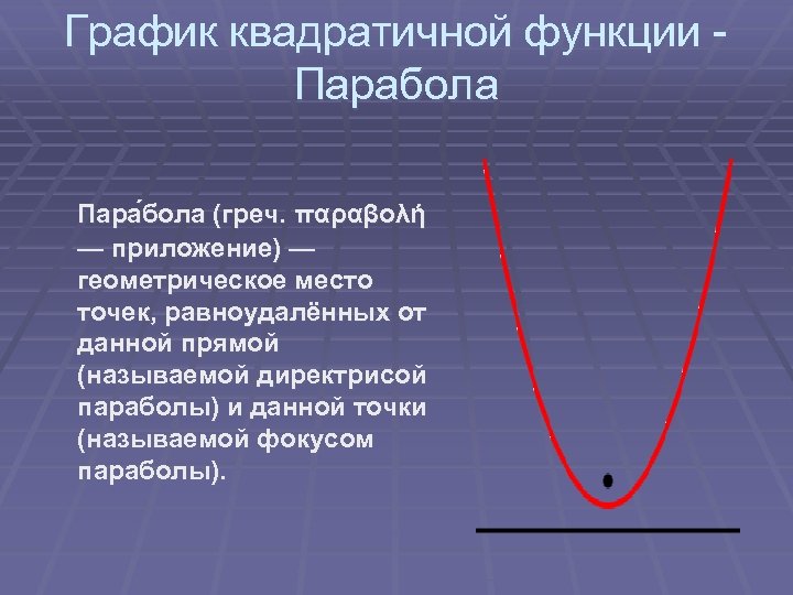 График квадратичной функции Парабола Пара бола (греч. παραβολή — приложение) — геометрическое место точек,