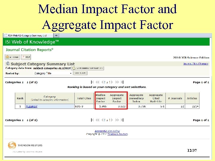 Median Impact Factor and Aggregate Impact Factor 12/37 