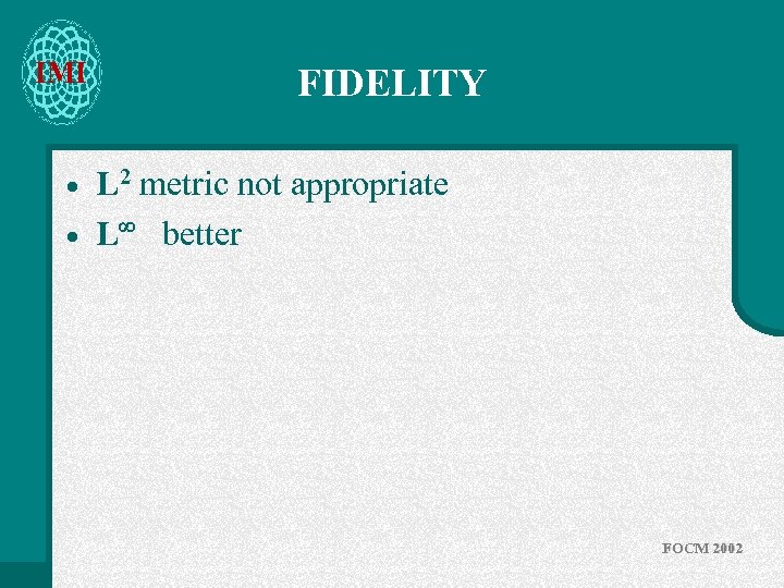 IMI · · FIDELITY L 2 metric not appropriate L better FOCM 2002 